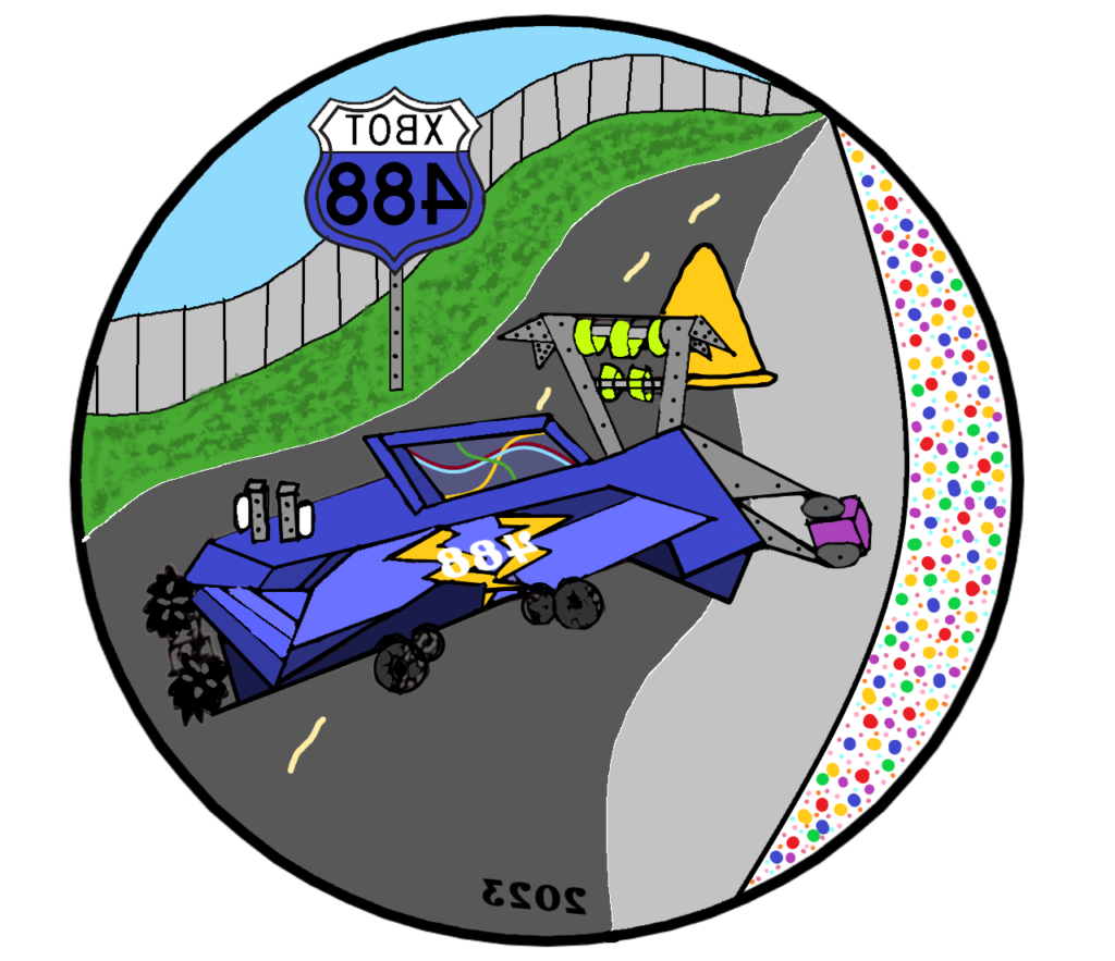 一个机器人在道路上的图像，右上角有一个标志，上面写着XBOT 488